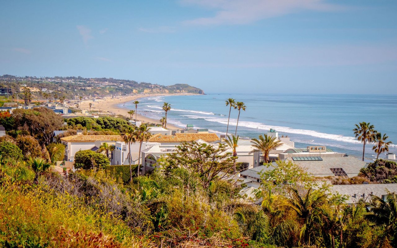 Aerial shot of the Malibu coastline, with white houses on a hill, sandy beach, palm trees, blue ocean, and a clear sky.