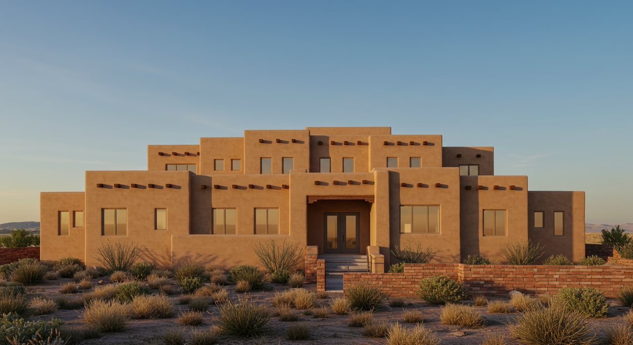 Santa Fe Style – Carved Wooden Doors, Exposed Natural Wood Vigas, Corbel, and Earth Tones