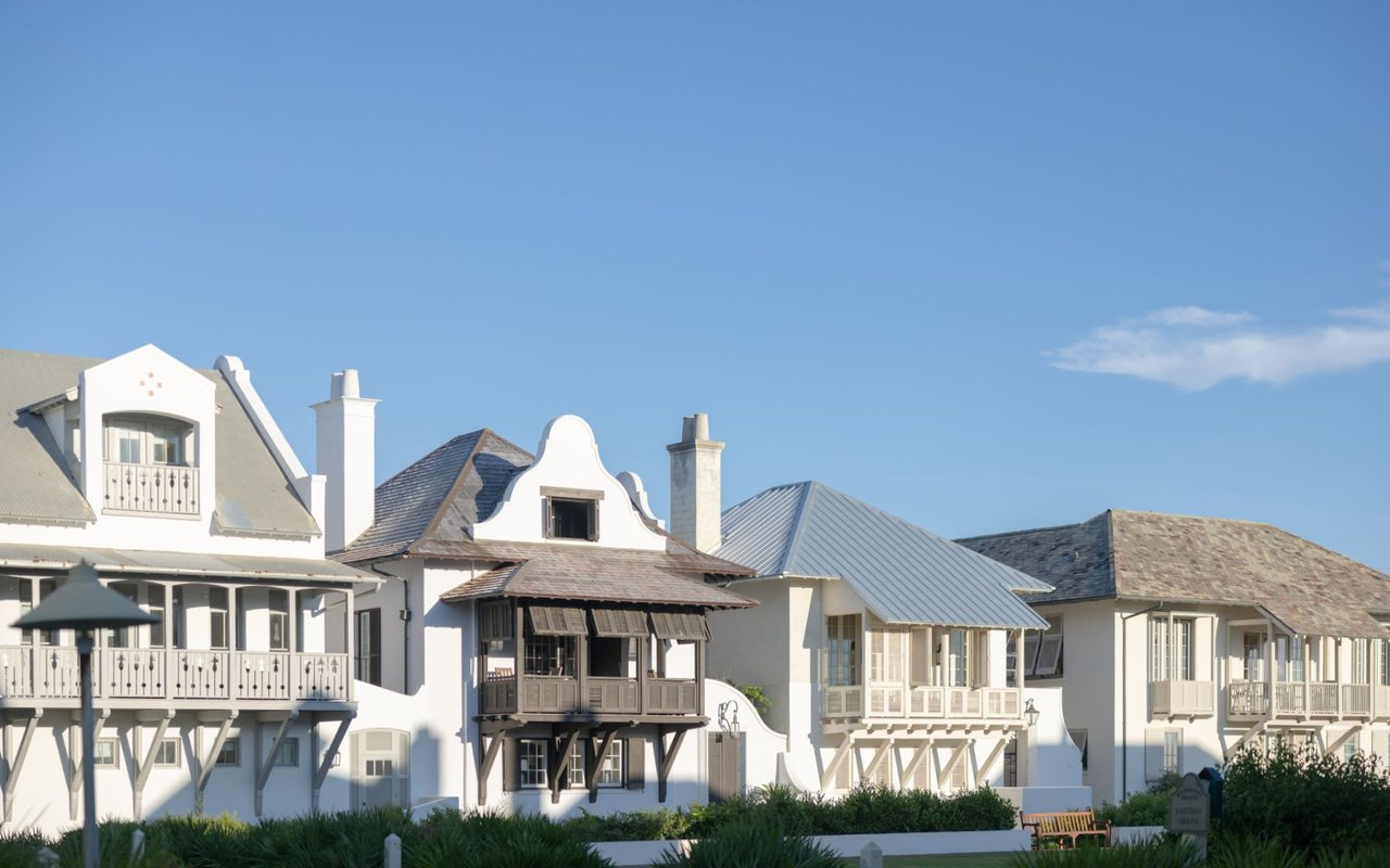 Homes along the famed Western Green in Rosemary Beach where you’ll find luxury investment property for sale on 30A.