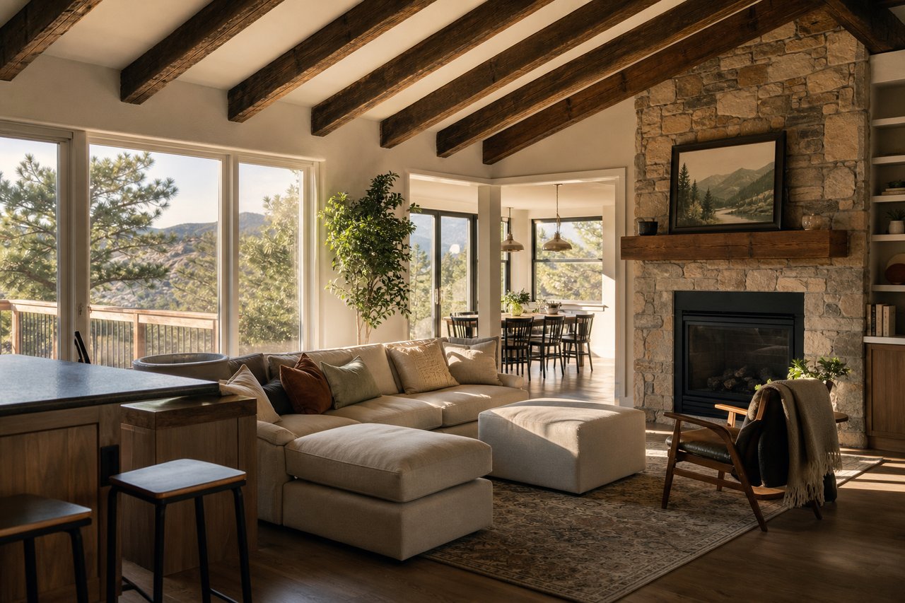 Living room with exposed wood beams, stone fireplace, and mountain views through large windows.