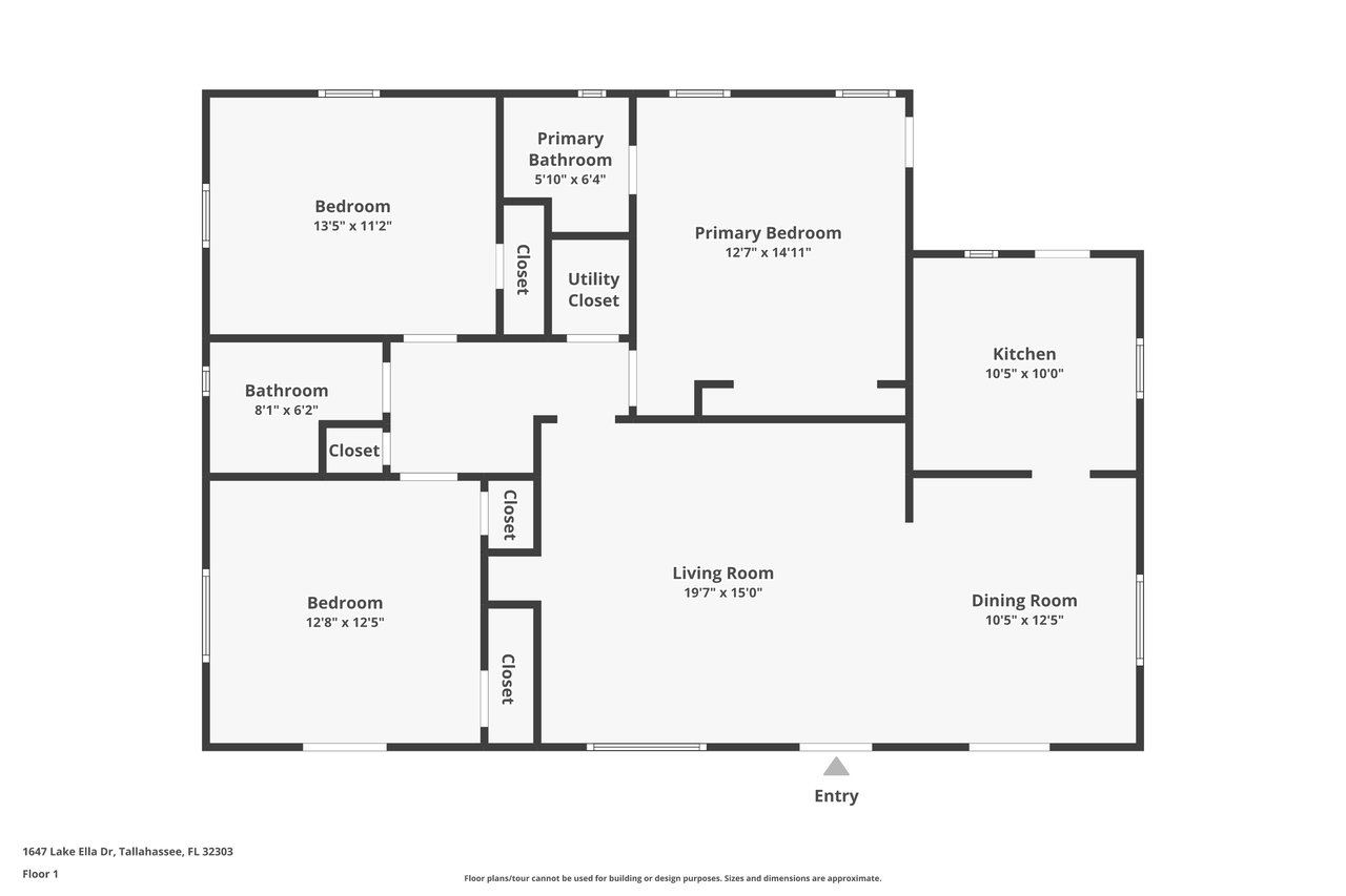 2D Floorplan of 1647 Lake Ella Dr, Tallahassee, FL 32303 with 12'7" x 14'11" Primary Bedroom, 5'10" x 6'4" Primary Bathroom, 13'5" x 11'2" Bedroom, 12'8" x 12'5" Bedroom, 8'1" x 6'2" Bathroom, 19'7" x 15'0" Living Room, 10'5" x 10'0" Kitchen, and 10'5" x 12'5" Dining Room. Sizes and dimensions are approximate.