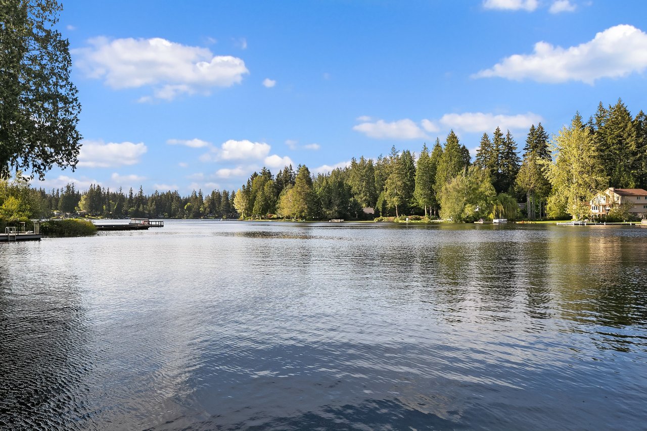 A lake surrounded by trees and a house in the background