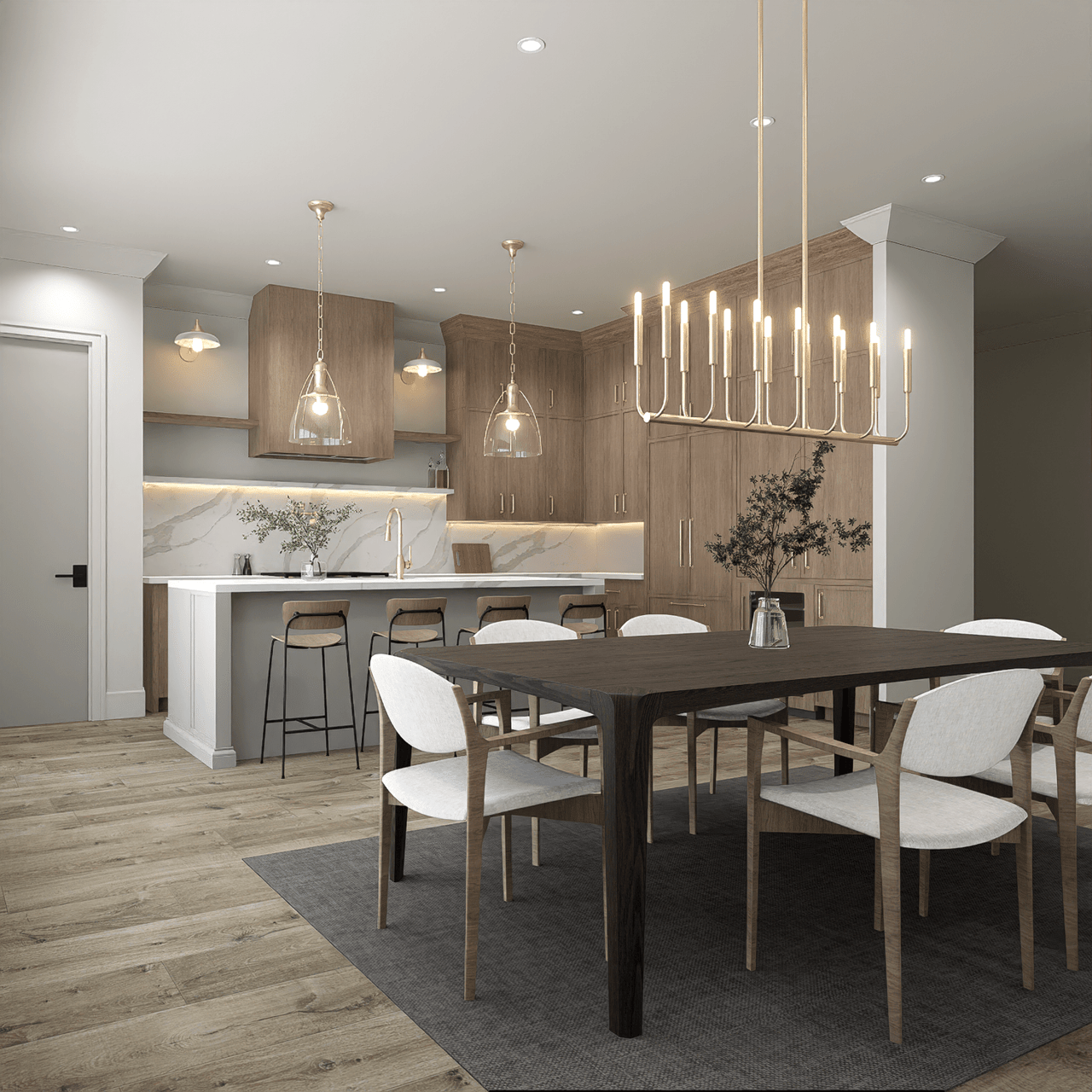 The Tennyson Germantown Project dining room features a spacious table for six with contemporary pendant lighting, tall windows, and sleek hardwood flooring. Ideal for modern dining, the open space is accented by neutral tones and minimalist decor.