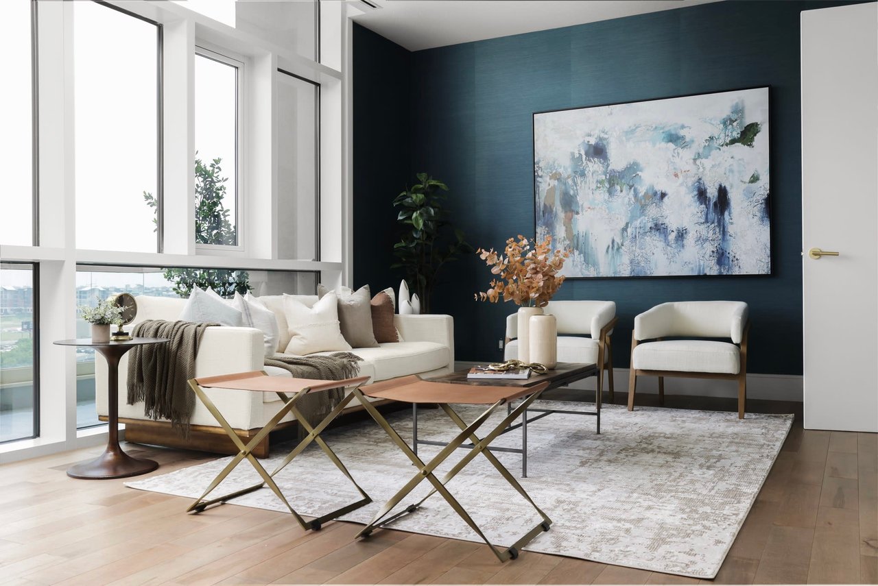 Elite Austin luxury furniture rental living room with light and dark stylish decor