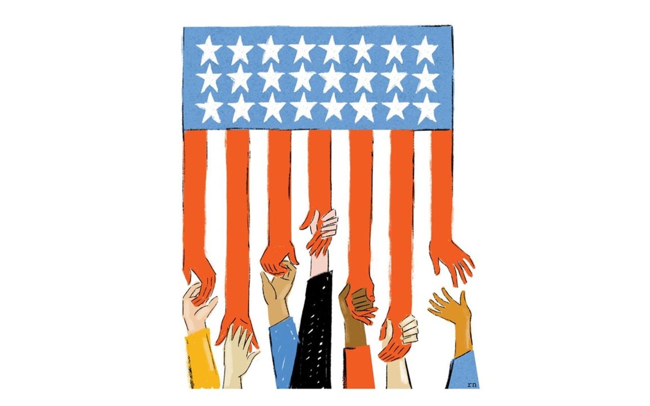 Illustration of a U.S. flag formed by reaching arms and hands.