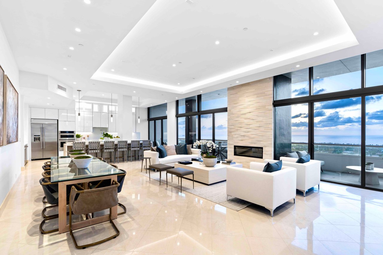 Penthouse in Trump Plaza great room with open concept kitchen, dining and living overlooking the ocean 