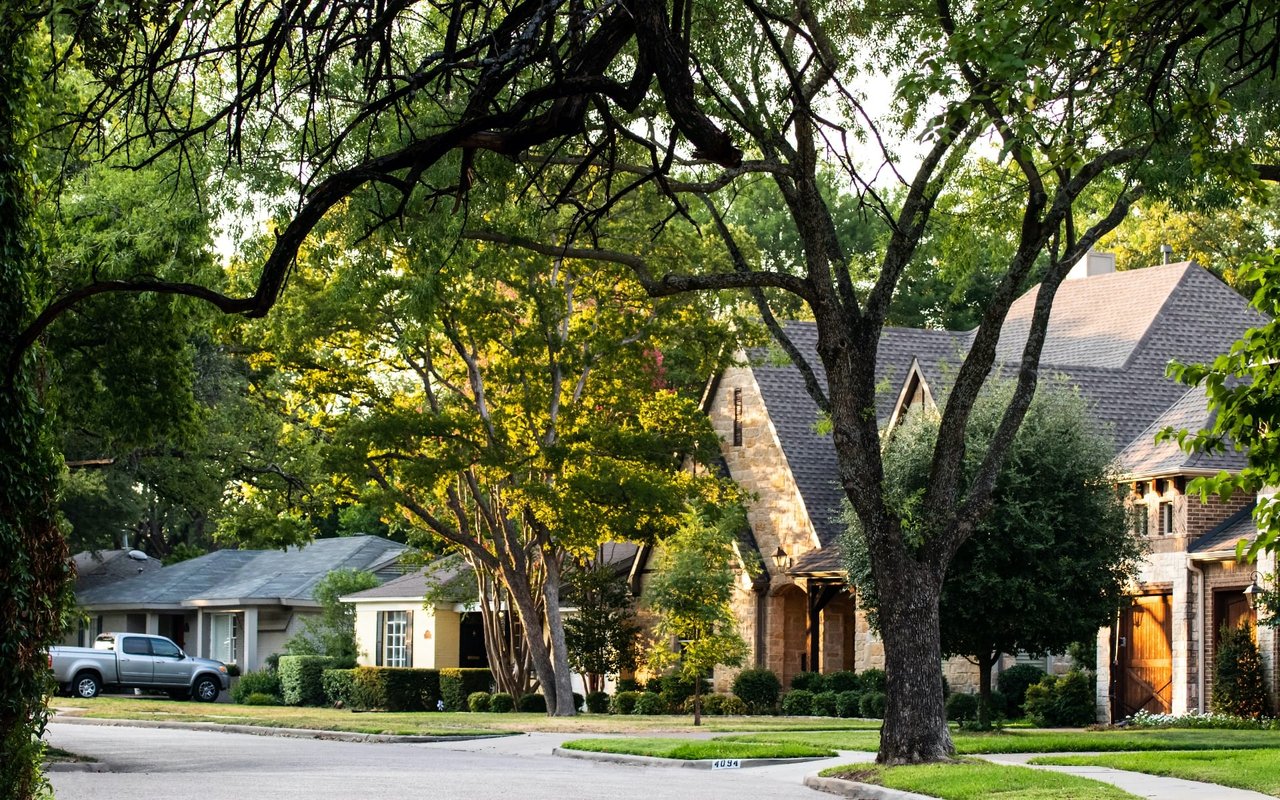 A quiet residential street lined with mature trees and well-maintained homes.