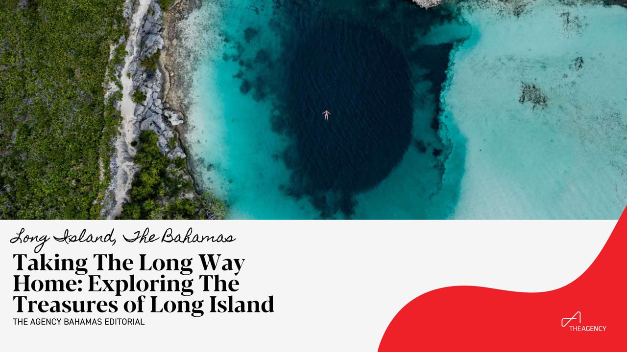 An aerial shot of Dean's Blue Hole in Long Island, The Bahamas, showing its deep blue circular center contrasted with the surrounding shallow turquoise waters and a sliver of green land on the left