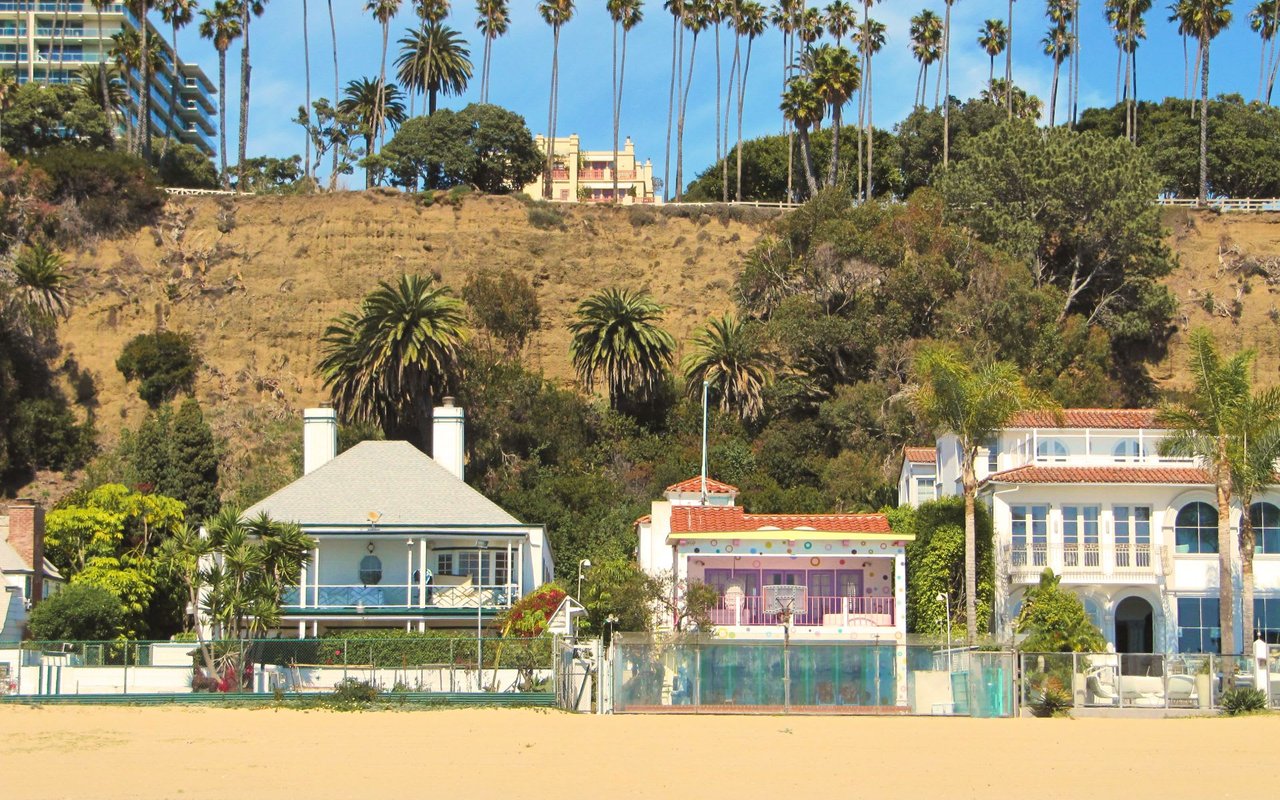 A row of houses with palm trees on a hill overlooking a beach