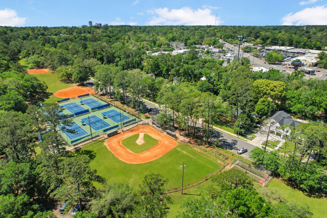 An aerial view of the recreational area in Betton Hills, showing the layout of the baseball field and tennis courts.