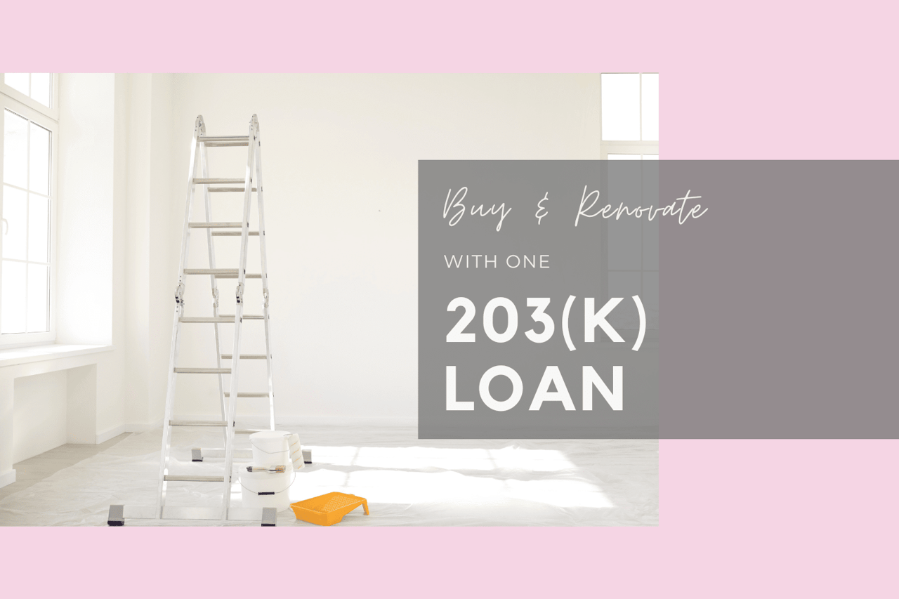 Buy and renovate with one 203(k) loan; a ladder and painting supplies sit in a bright, empty room.
