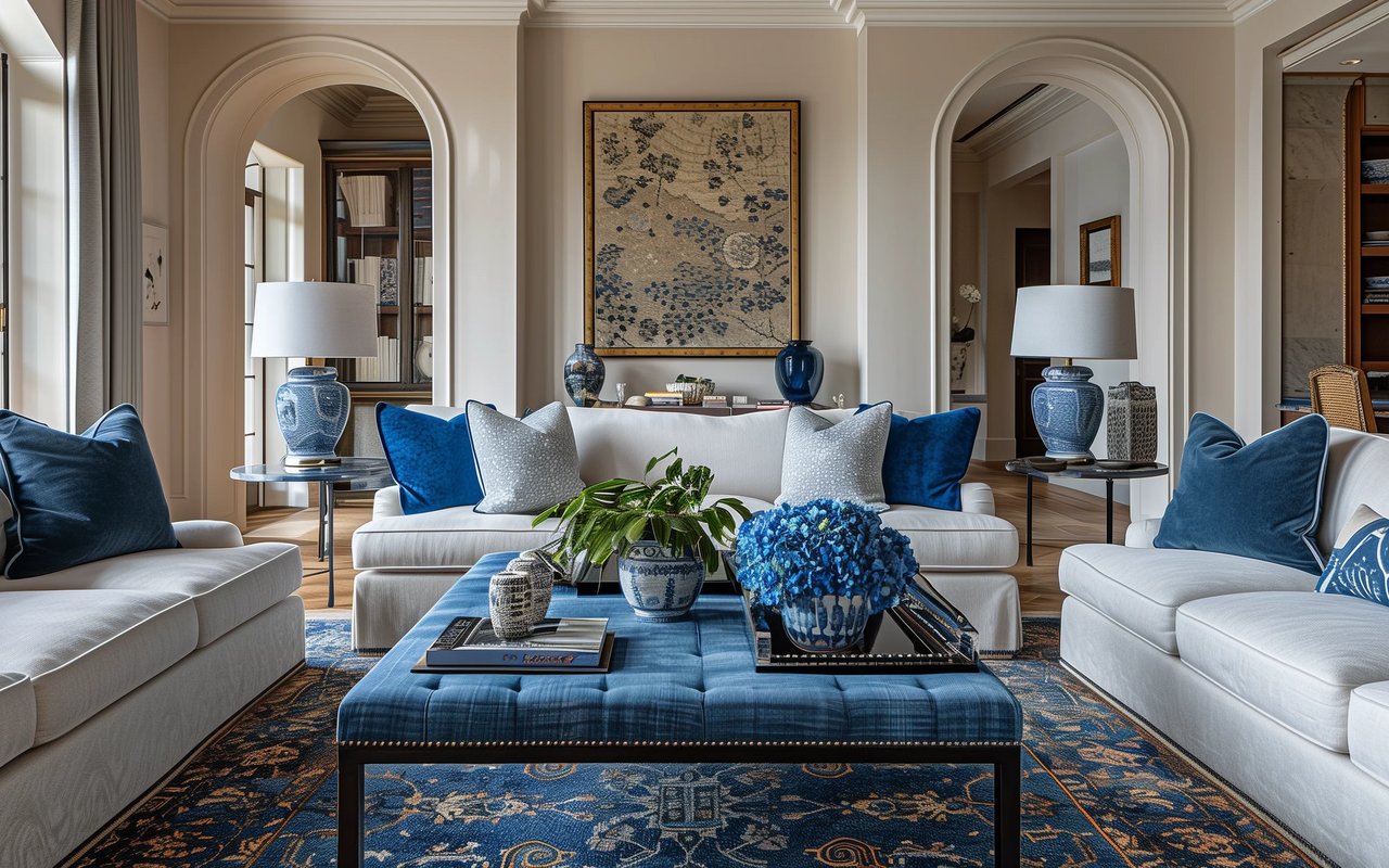 Living room with white sofas, blue accents, a tufted ottoman, and arched openings.