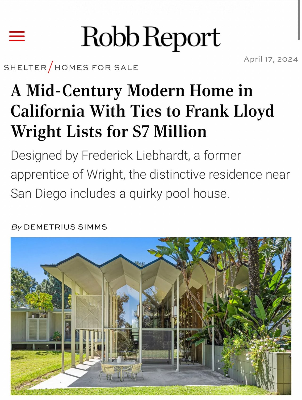 Incredible mid-century modern home designed by architect Frederick Liebhardt and Eugene Weston, apprentices to Frank Lloyd Wright