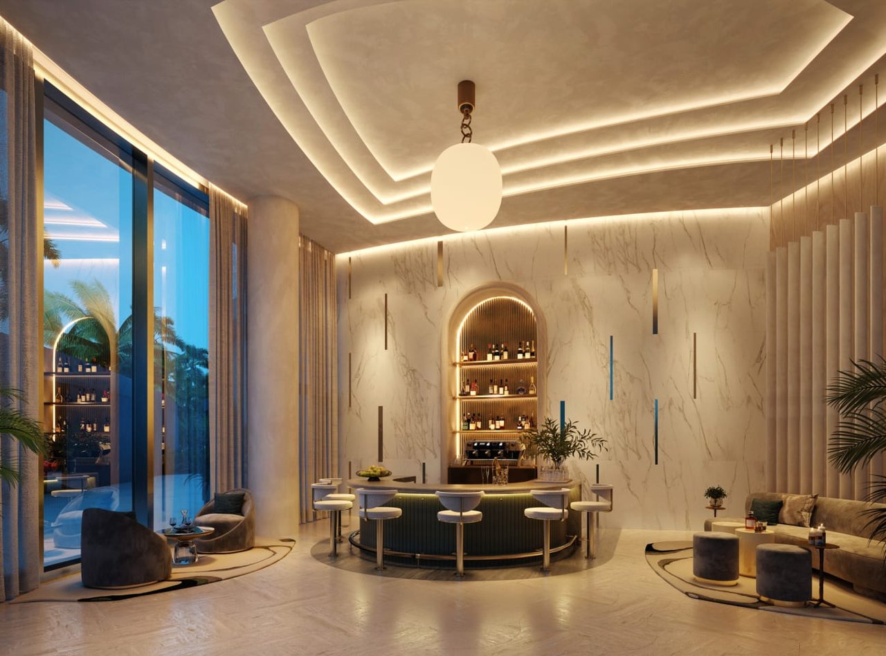 Luxury lounge with a curved bar, illuminated bottle shelves, marble walls, and floor-to-ceiling windows.