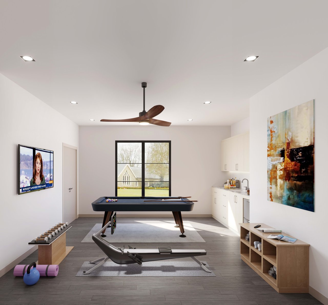 Spacious game room featuring a pool table, wet bar, and exercise equipment for the ultimate recreational experience in a Dallas luxury home.