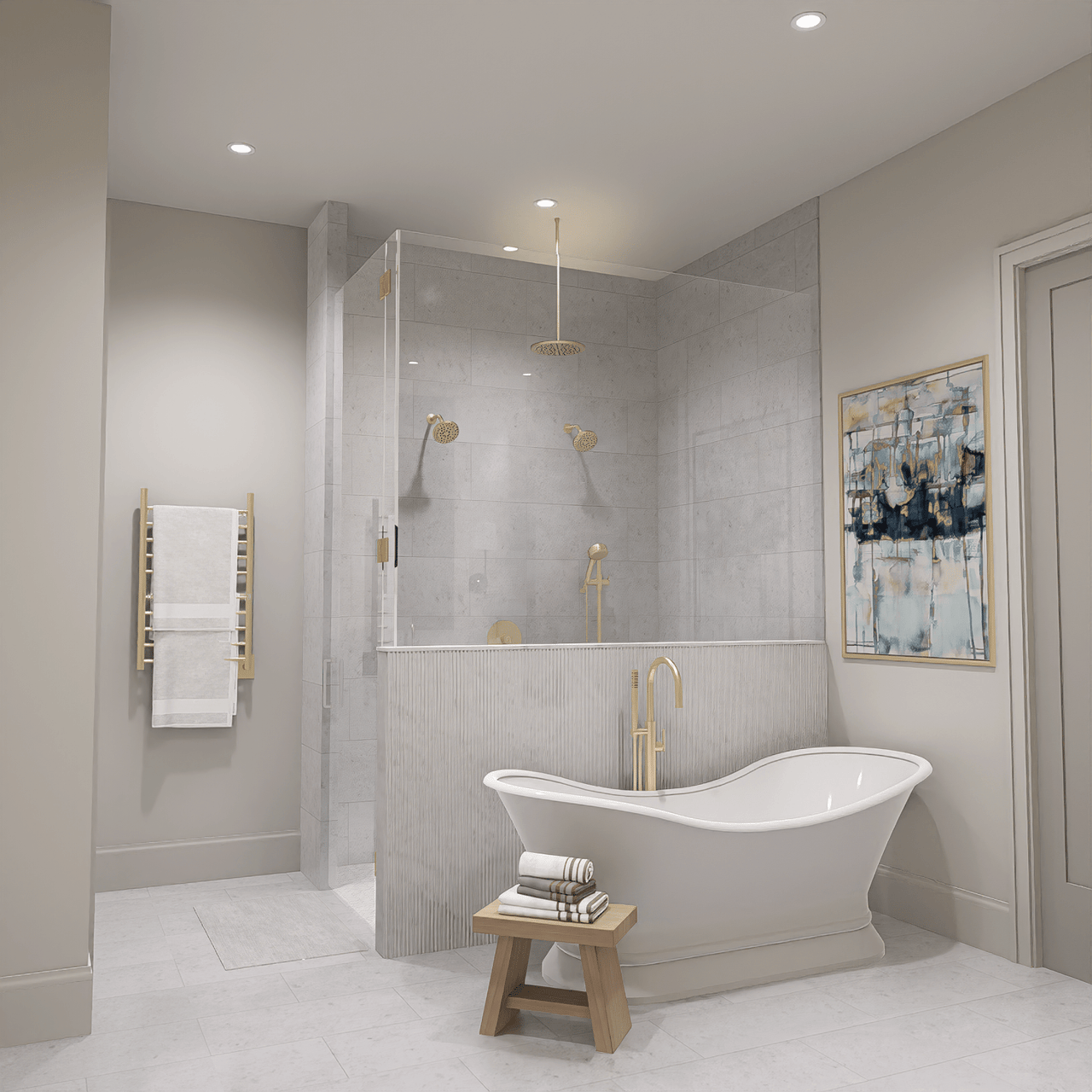 Elegant walk-in shower with frameless glass doors, large rainfall showerhead, marble tile walls, and sleek matte black fixtures.