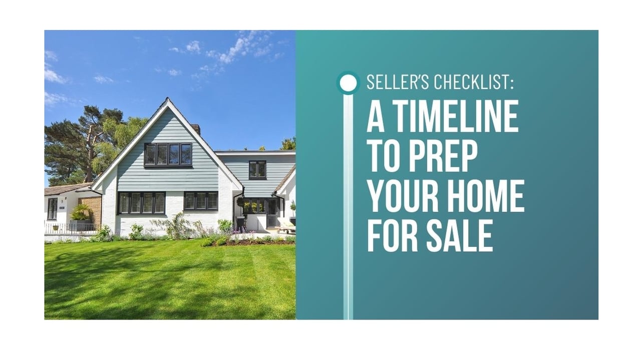 Sellers Checklist a timeline to prep your home for sale. Home in the background under blue skies with a well manicured green lawn in foreground