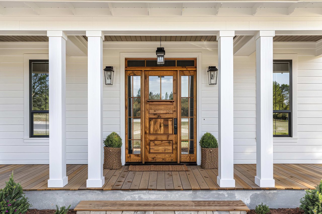 Front porch with white columns, wooden door, glass panels, potted plants, and white siding on a modern farmhouse.
