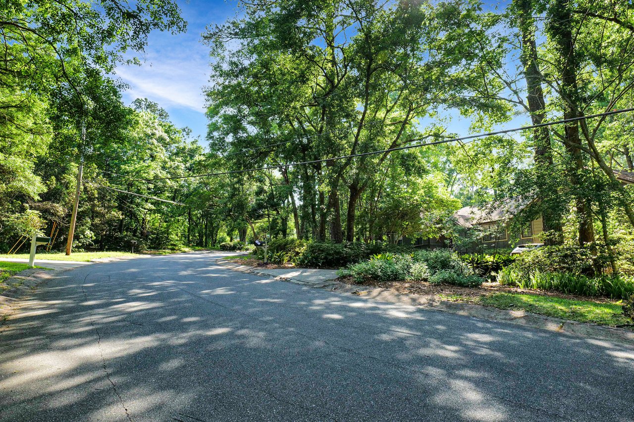 A ground-level view of a street within the Linene Woods community, showcasing a tree-lined road with dappled sunlight.