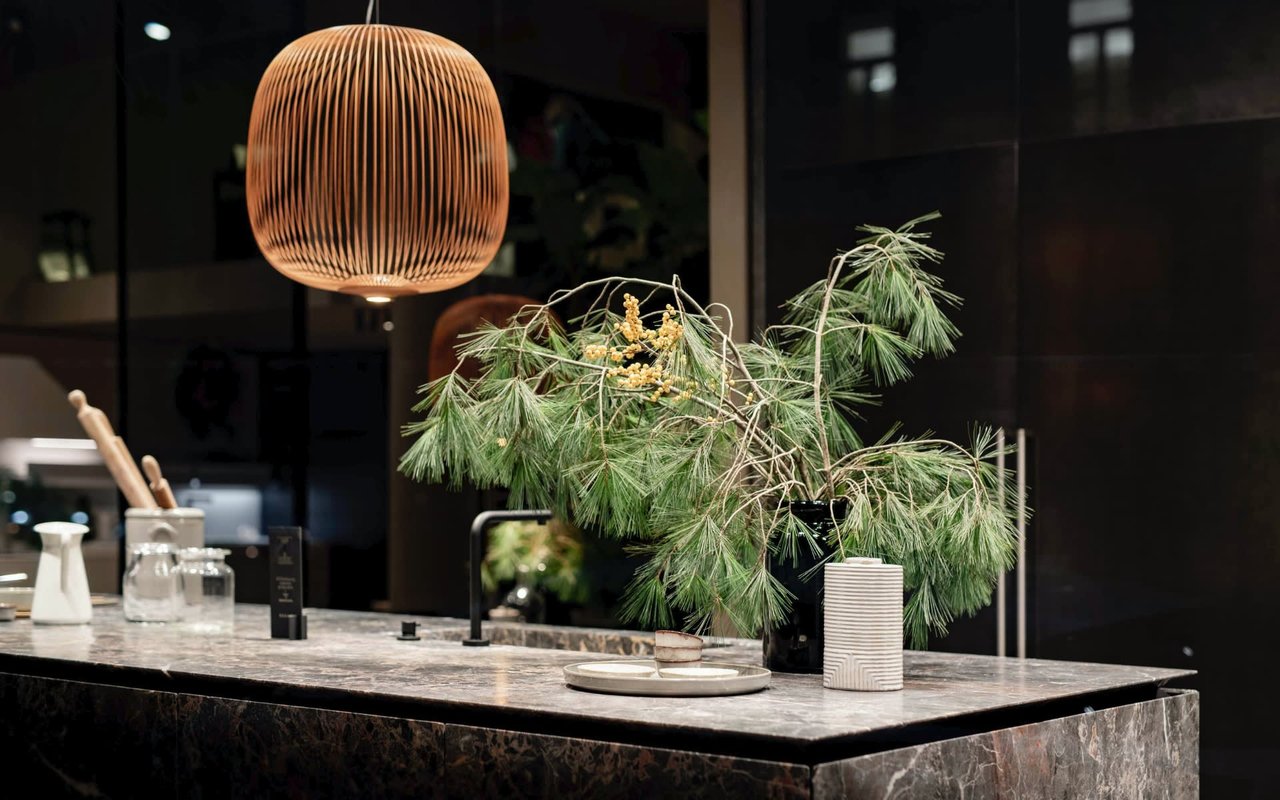 A kitchen island with a sink, a potted pine tree, and a pendant lamp.