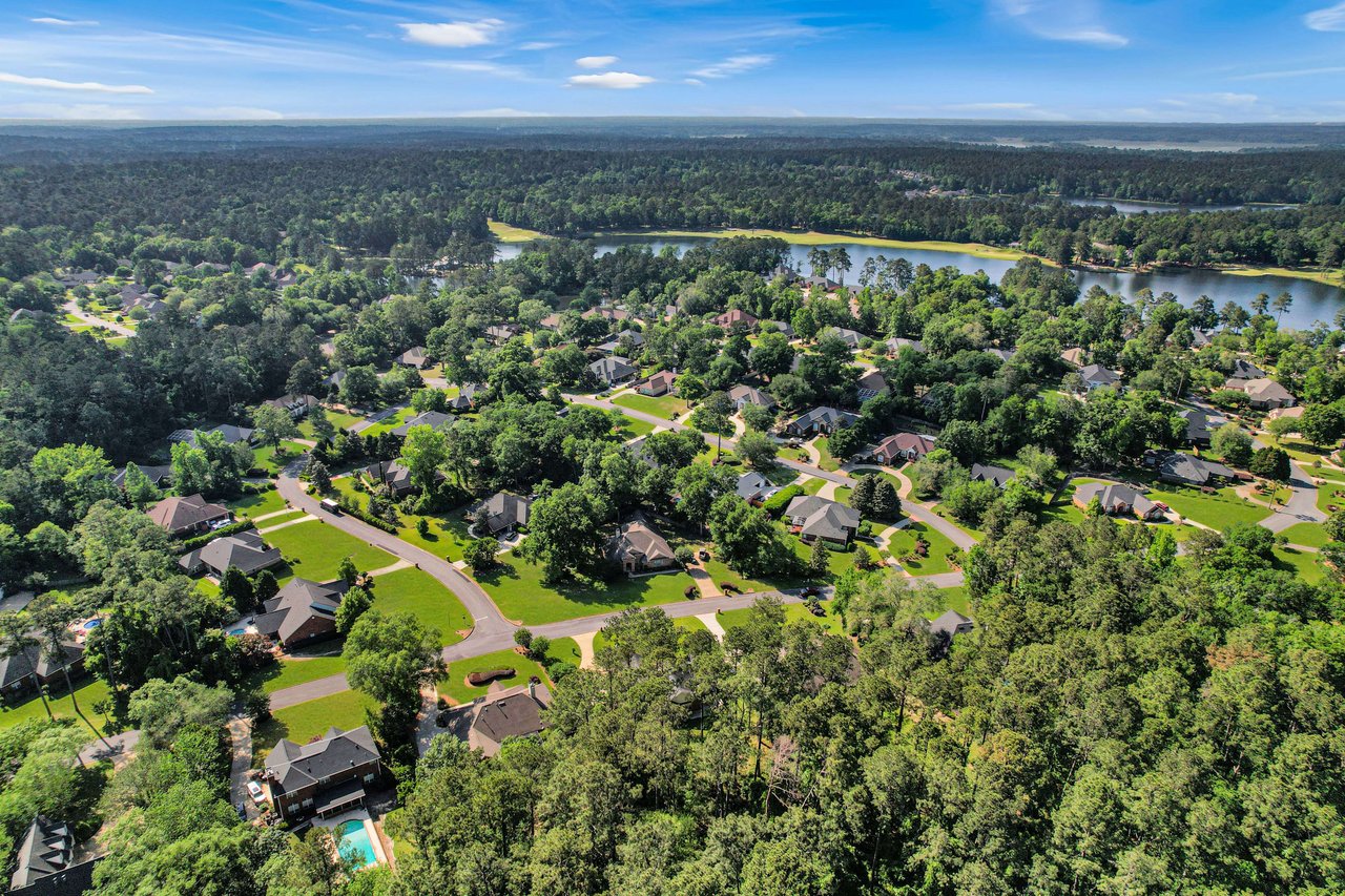 An aerial view of the Golden Eagle neighborhood, highlighting houses, streets, and green spaces.