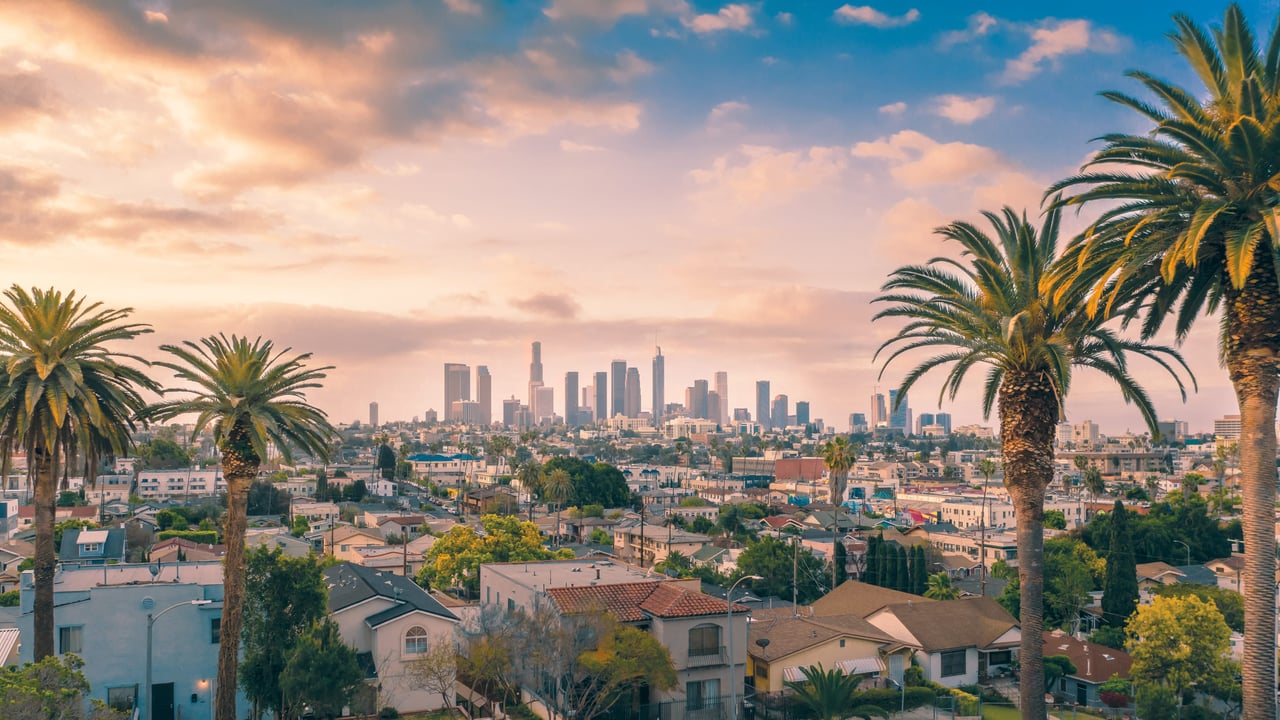 Downtown Area of the City of Los Angeles with palm trees in the foreground on a partly cloudy day