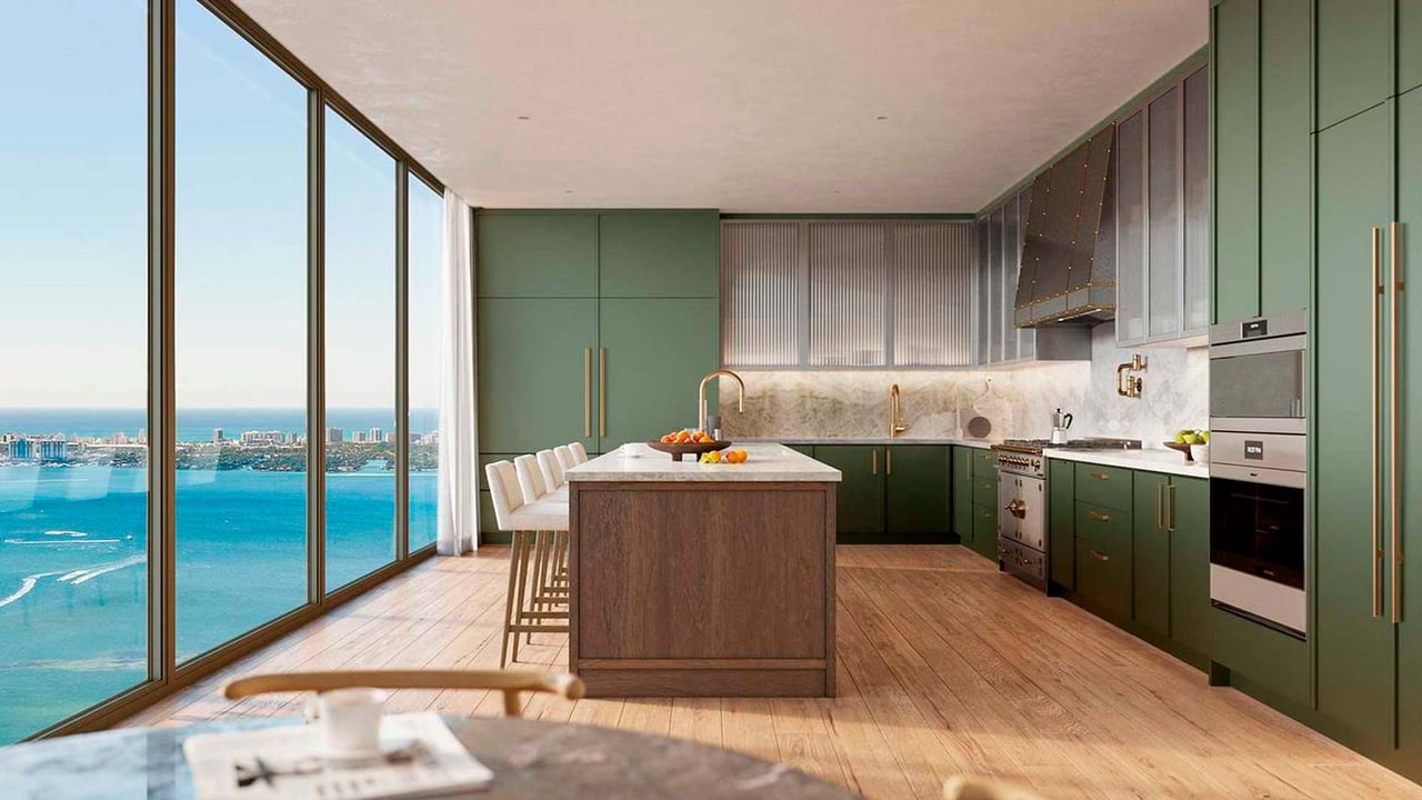 Villa Miami kitchen in green finishing with bay view