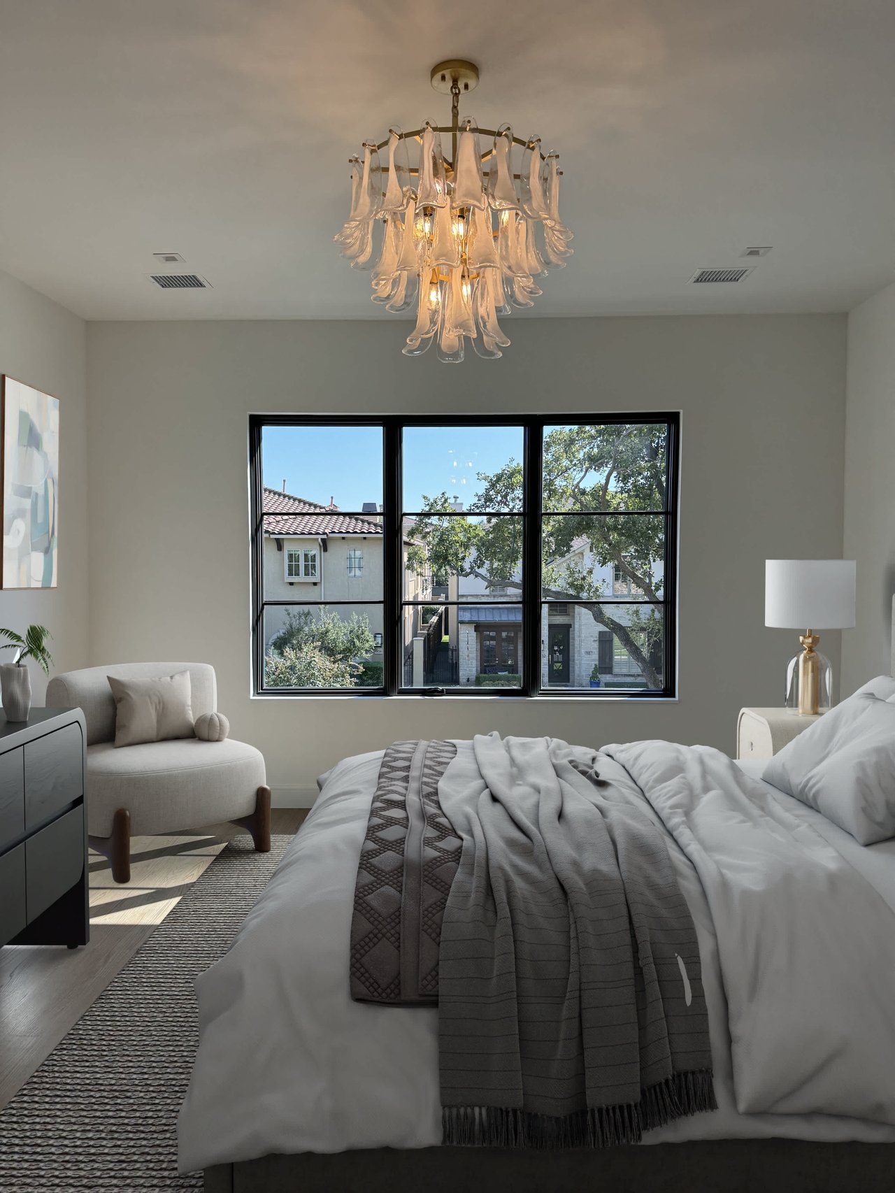 Elegant bedroom with large windows, modern chandelier, and minimalist decor in a luxury home by S&R Development on Del Norte