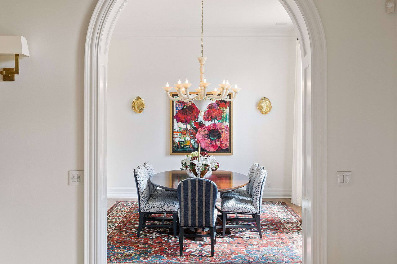 Bright, Sophisticated Dining: with timeless selections, this picturesque dining room is perfect for intimate dinners or grand celebrations.