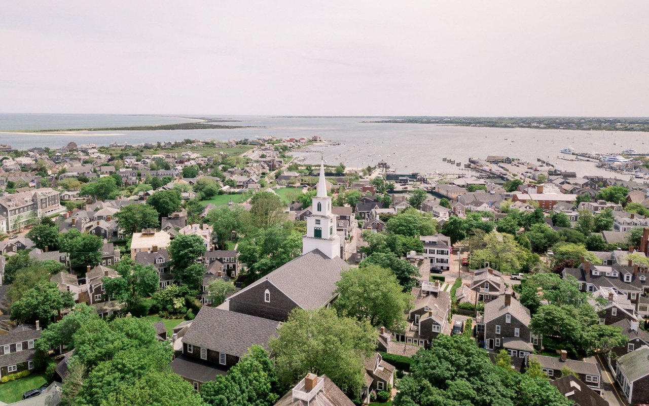 Ariel view of Downtown Nantucket on a cloudy day.