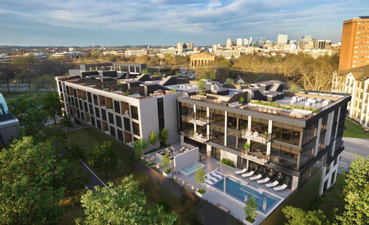 Aerial rendering of Athena at the Park luxury condos in Nashville’s West End, showcasing modern design and proximity to Centennial Park.