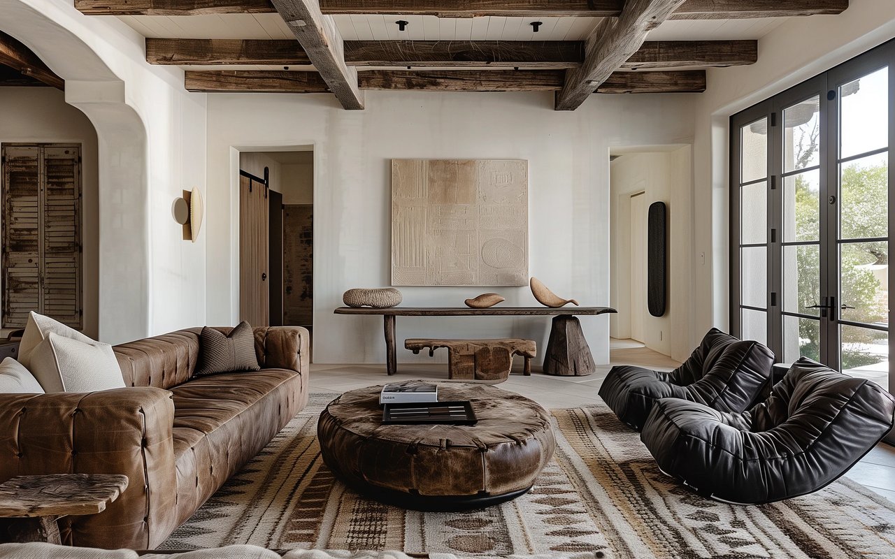 Living room with exposed wood beams, leather sofas, and a rustic round coffee table.