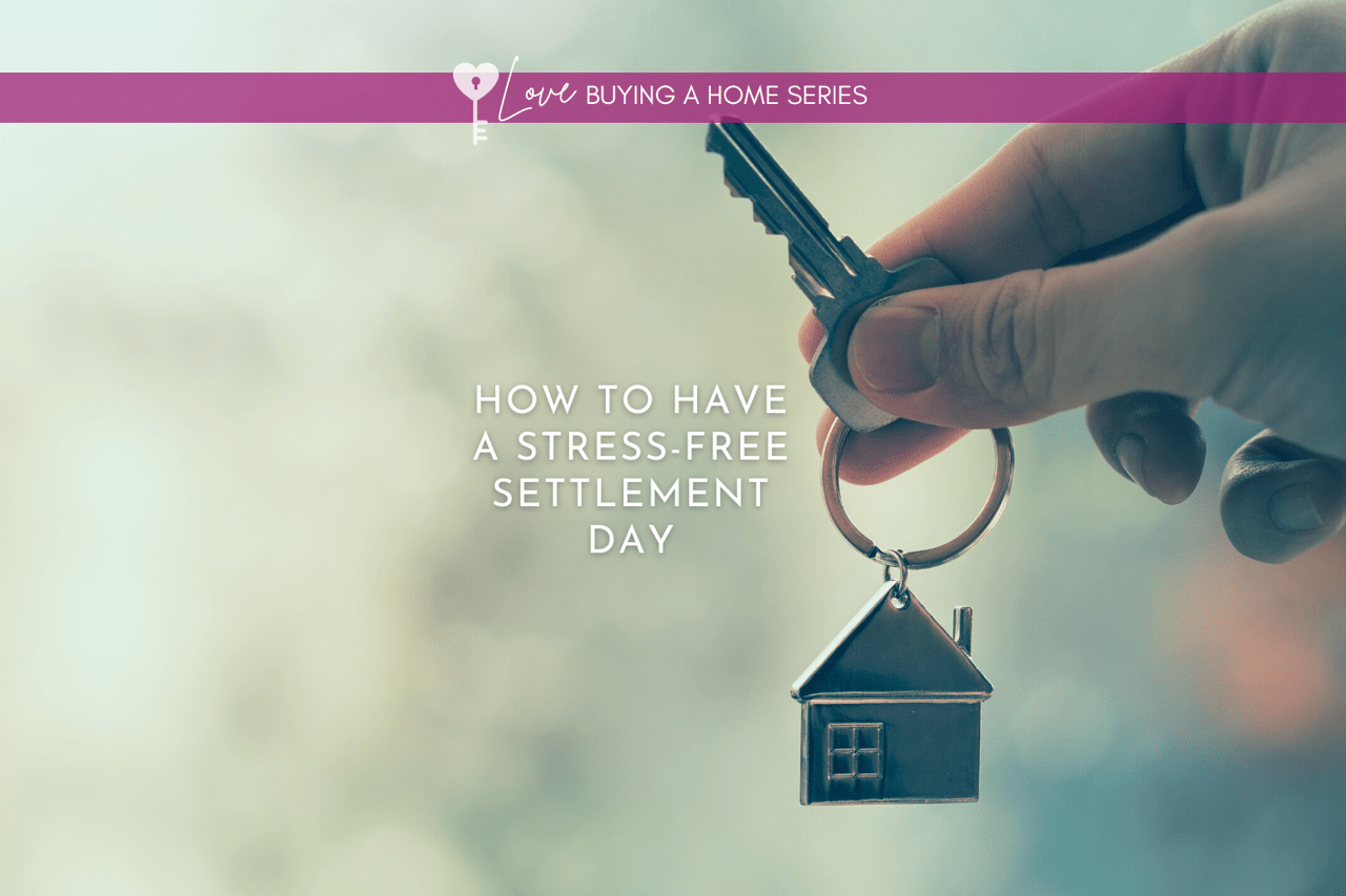 A hand holds a house-shaped keychain and key beside the title “How to Have a Stress-Free Settlement Day.”