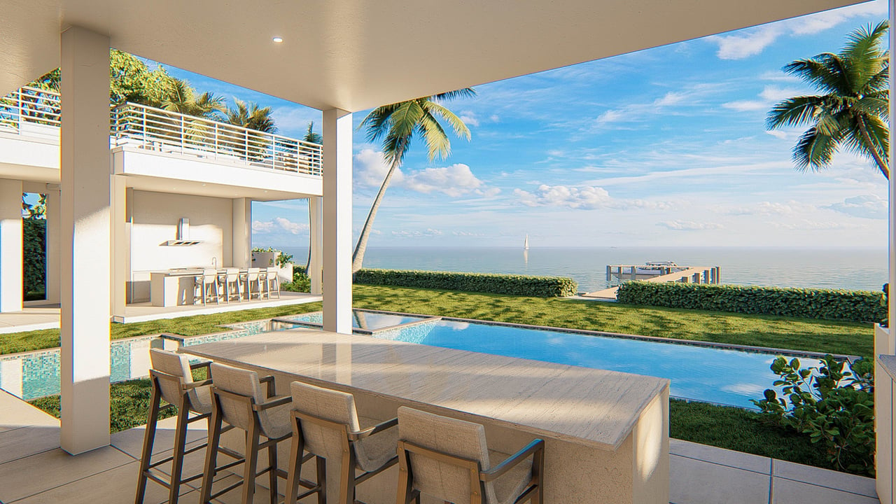 Rendered image of the backyard of an intracoastal home with pool