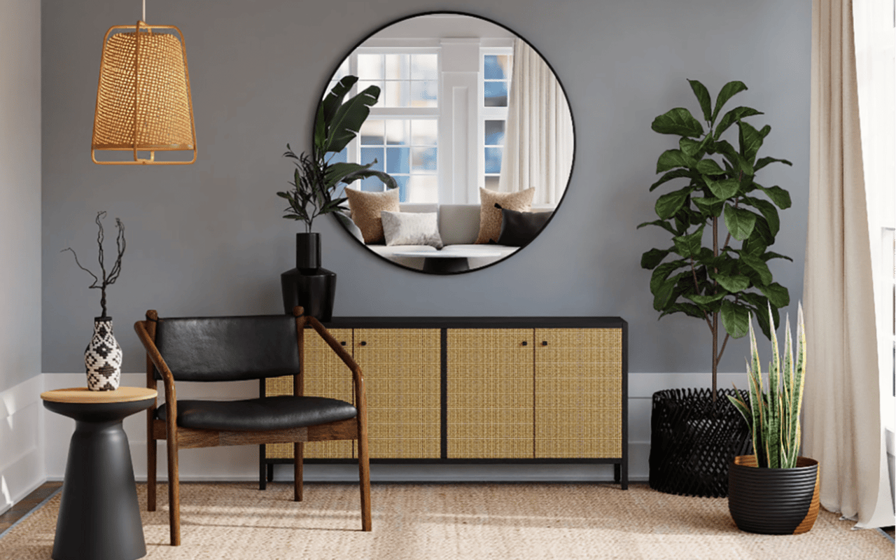  A contemporary living space with grey walls and a beige textured rug covering the floor.