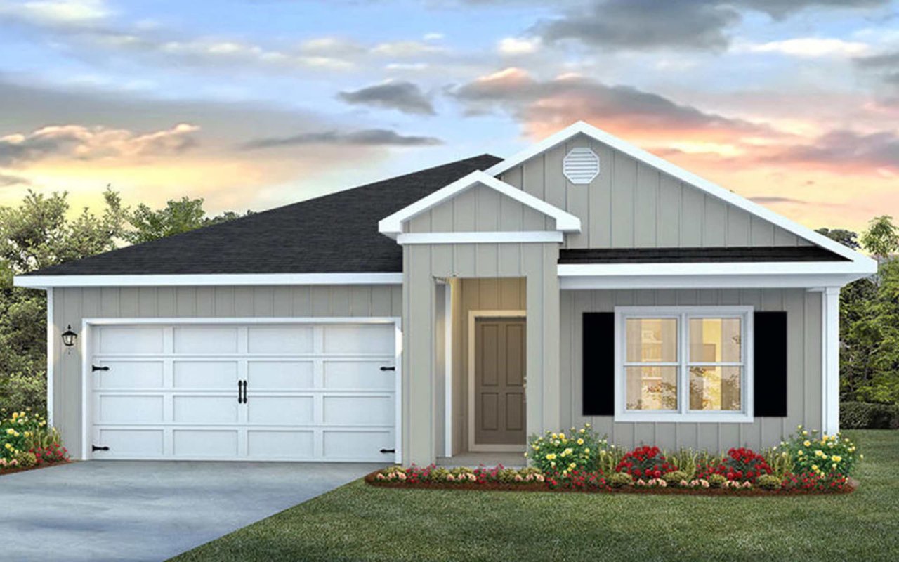 A one-story, light gray house with a dark gray roof.