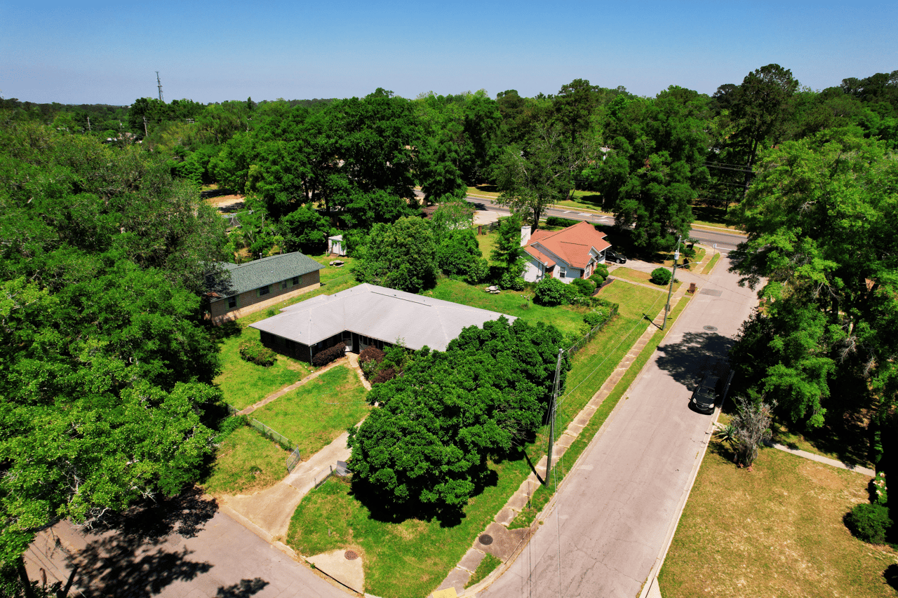 Another aerial view of a residential area, focusing on a different set of houses. The neighborhood is lush with trees and vegetation, providing a serene environment.