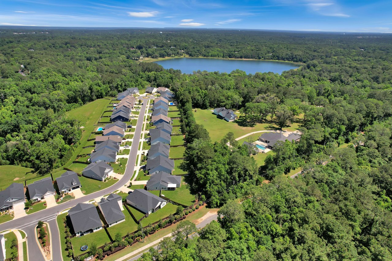 Another aerial view of Ox Bottom Manor, highlighting a row of houses with a lake in the background and lush greenery.