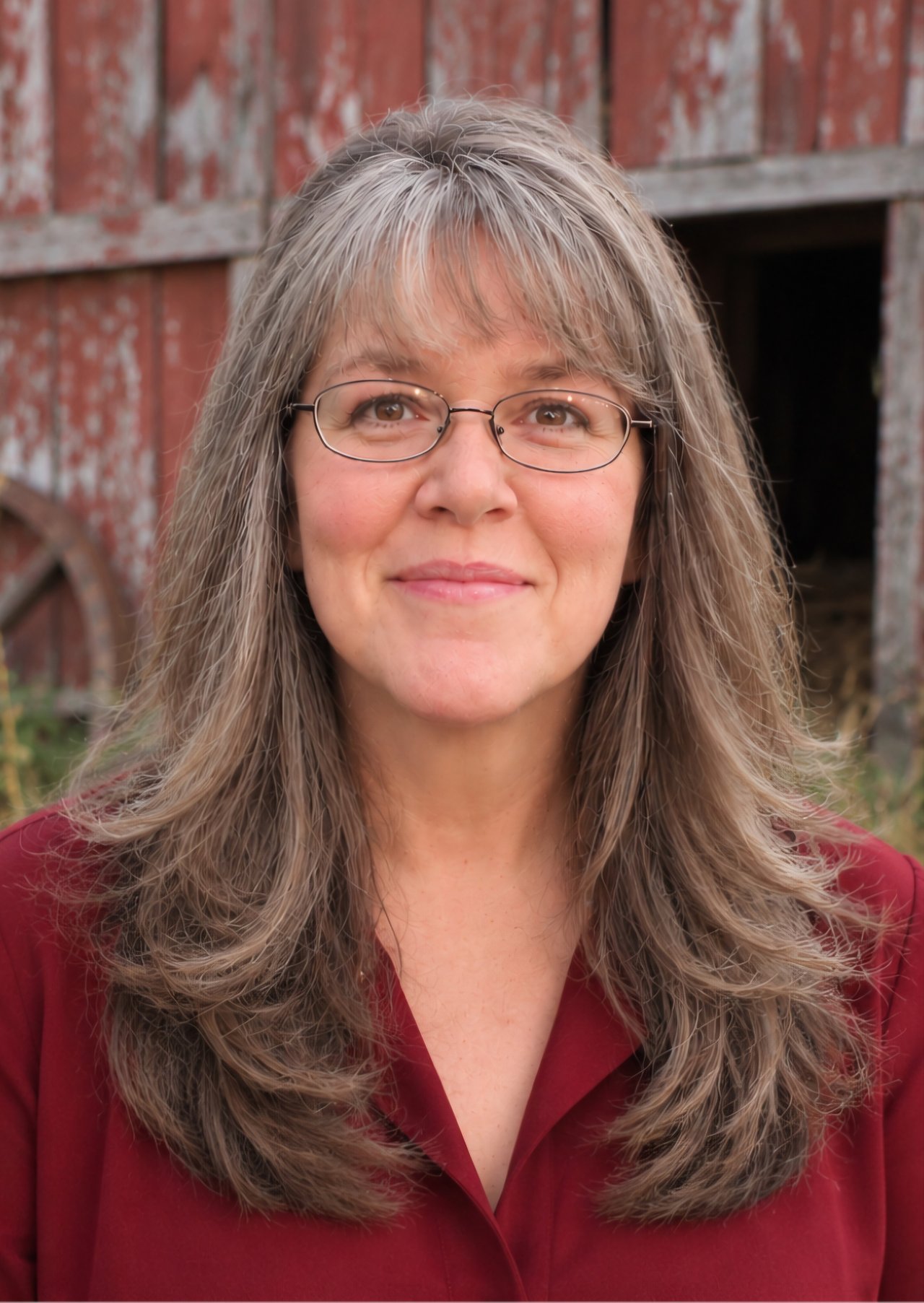 Nicole Young wearing glasses and a burgundy jacket in front of a weathered red wooden building.