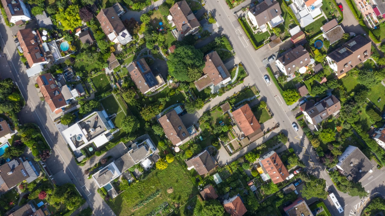 Aerial view of suburban neighborhood