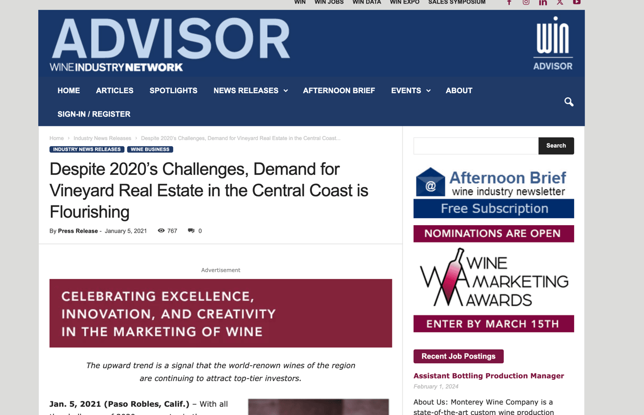 Despite 2020’s Challenges, Demand for Vineyard Real Estate in the Central Coast is Flourishing