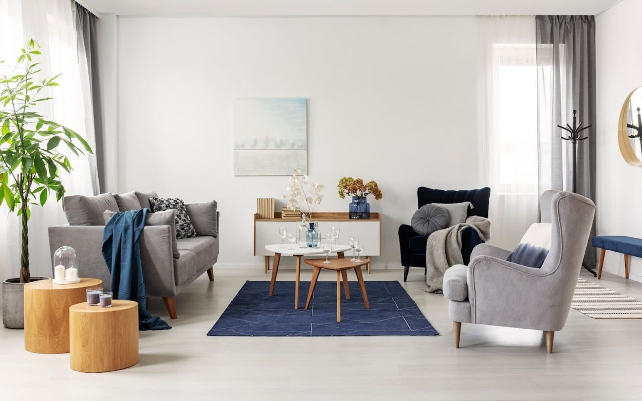  A modern and bright living room decorated with a white and gray color palette, accented with shades of blue and natural wood tones. 