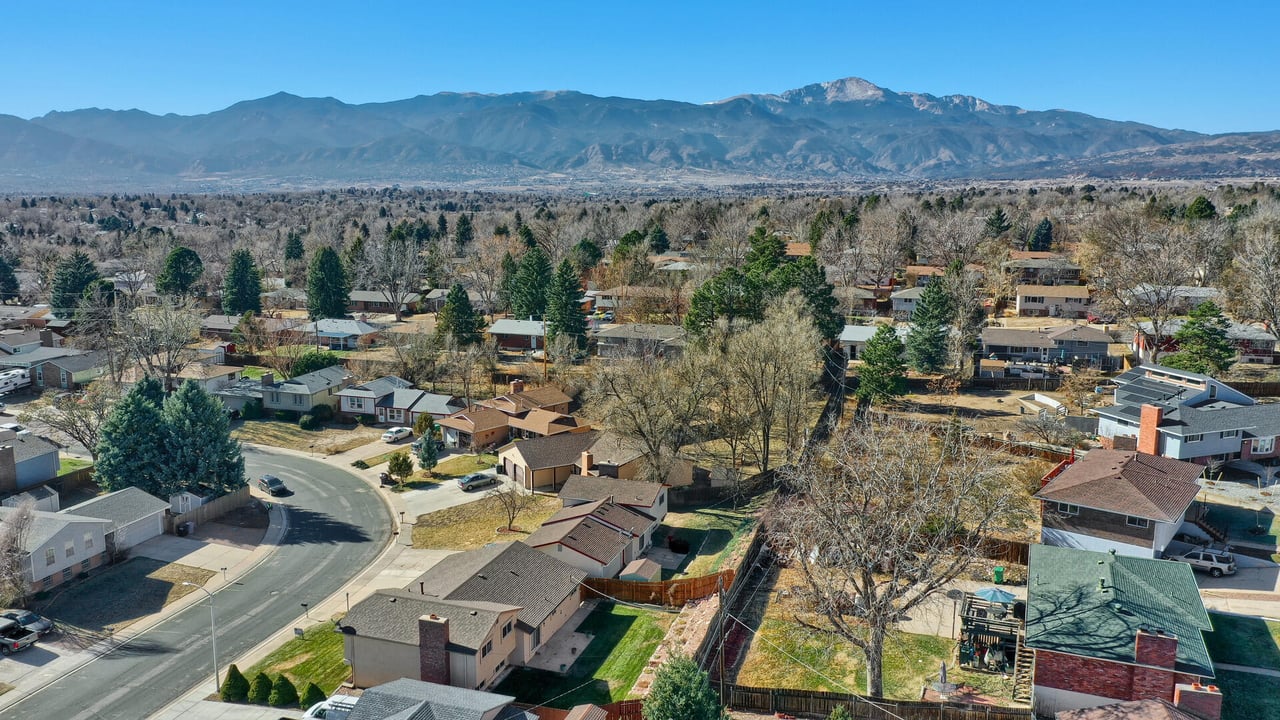 An aerial view of a residential neighborhood in Colorado Springs, Colorado