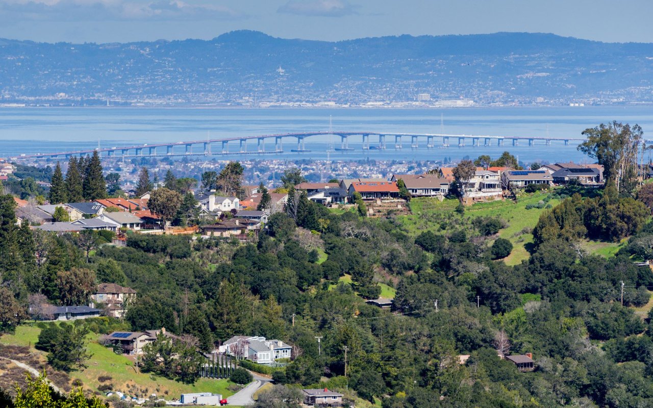 Aerial view of homes in San Carlos with San Francisco–Oakland Bay Bridge in the background