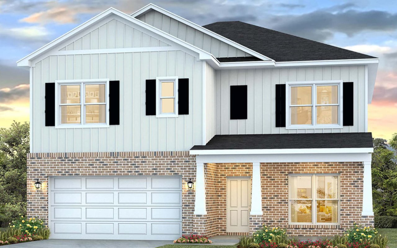 A two-story, light gray house with a dark gray roof.