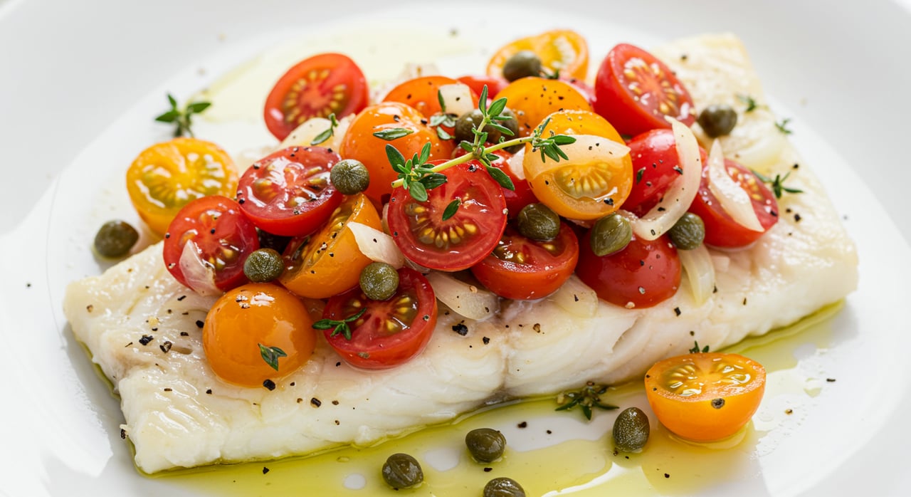 Halibut en Papillote with Tomatoes, Capers & Garlic