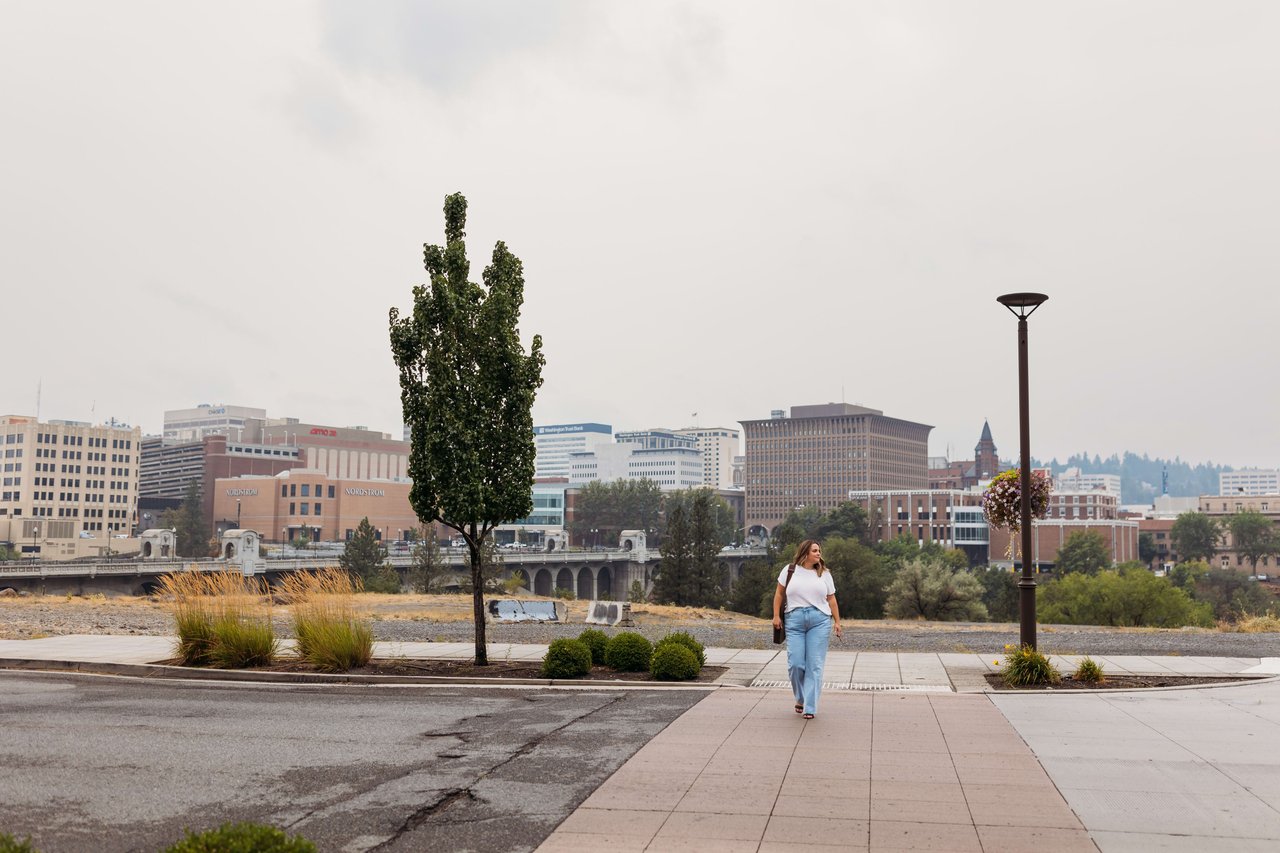 Samara Behler walks in Kendall yards, Spokane.