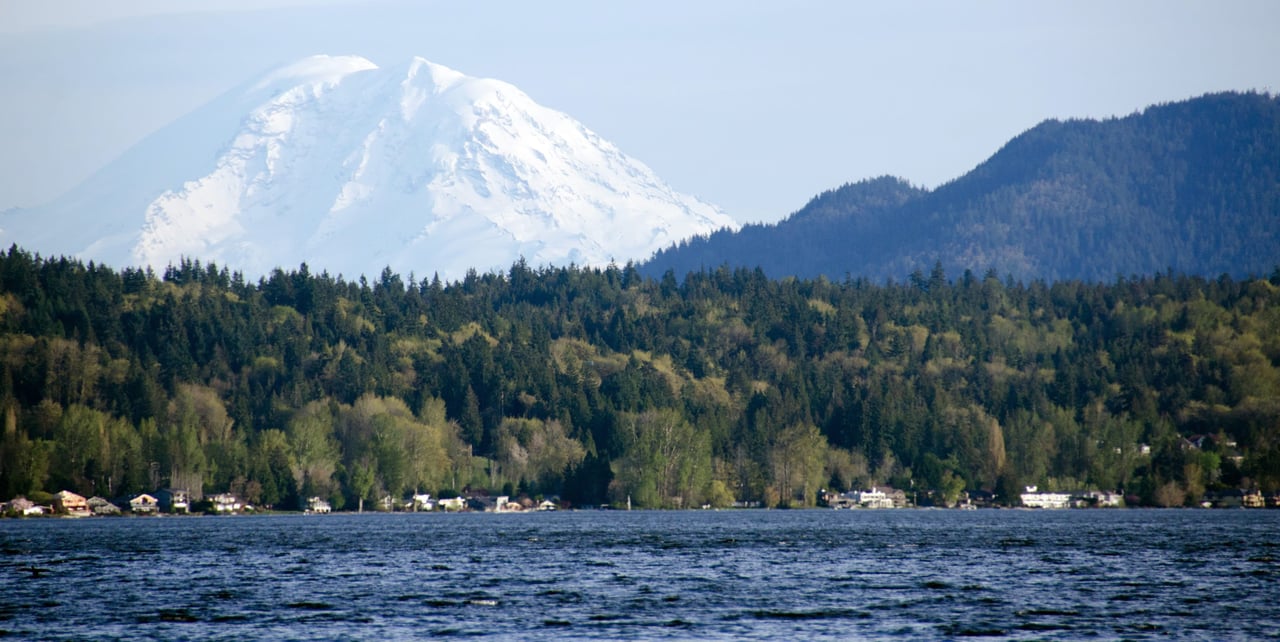 A calm lake with a snow-capped mountain behind the lush forest.