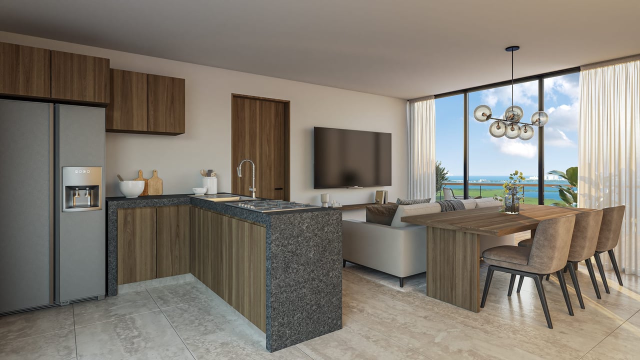 NEW Luxury Project Condo for Sale in Cancun with Lagoon and Ocean View/ Livingroom Kitchen