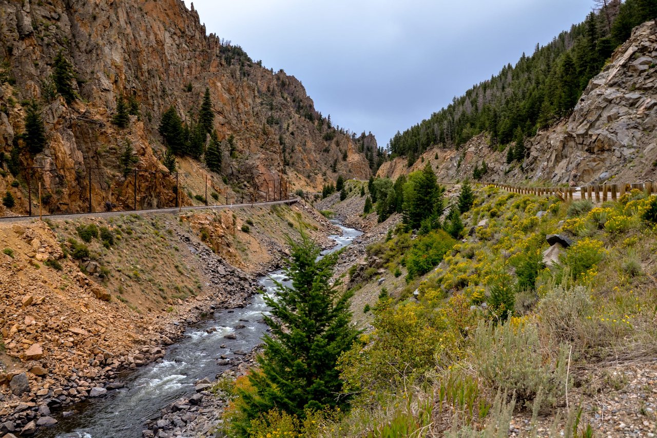 A river running through a rocky mountain valley